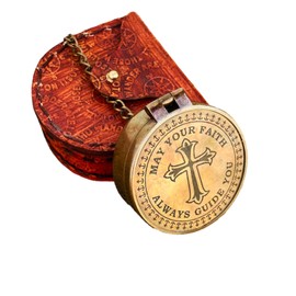 Antique Chain Compass for Hiking Nautical Brass Pocket with Engraved On Leather Case (May Your Faith)