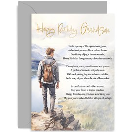 Old English Co. Happy Birthday Grandson Greeting Card - Hiking Mountains Poem Birthday Card for Him - Adult or Teenager - To a Special Grandson on His Birthday Card | Blank Inside with Envelope