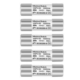 Heschen Solar DC1000V PV Fuse, Photovoltaic Fuses, gPV Type Fuse Link, HSPV-63, 14 * 51mm, 20A 1000VDC, 50kA, for Solar PV System Protection, 5PCS