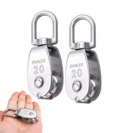 M20 Single Pulley Blocks, 304 Stainless Steel, 75kg/165lb Load Capacity for Wire Diameter 8mm, Heavy Duty Pulley Roller with 360° Swivel Hook, Washing Line Pulleys (Silver, 2 Pcs)