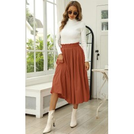 Women's Summer Pleated Midi Skirt A-Line High Elastic Waisted Casual Skirts Fall Brick Red Caramel Large