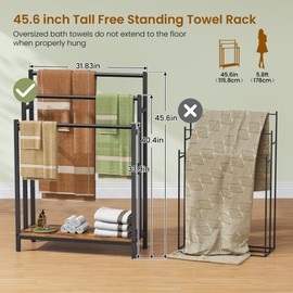 46" Extra Large Freestanding Towel Rack Stand for Bathroom, 3 Tier Blanket Ladder Holder, Outdoor Bath Towel Drying Rack with Shelf, Next to Tub or Shower, Quilt Rack, Rustic Brown and Black