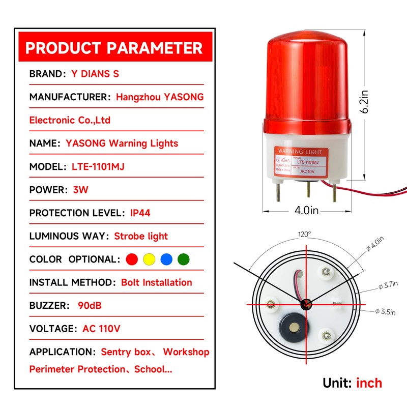 YASONG LTE-1101MJ Rotating Warning Light with 90dB Buzzer, AC110V-120V Industrial