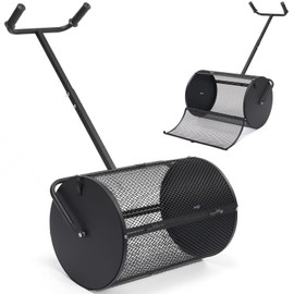 PoPoHoser Compost Spreader, 24 inch Peat Moss Spreader with Adjustable U-Shaped Handle, Heavy Duty Metal Fertilizer Spreader Roller for Lawn Top Soil, Top Dressing, Seedling, Mulch, Manure