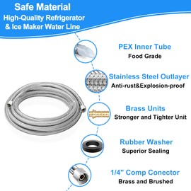 Refrigerator water line - 6 FT Premium Stainless Steel Braided Ice Maker Water Hose,Food grade PEX Inner Tube Fridge Water Line with 1/4" Fittings for Refrigerator Ice Maker