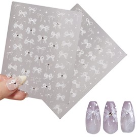 Nail Stickers, Ribbon, Set of 6, Cute, Stylish, 3D Dimensional, Bowknots, Clear, Transparent, White, Nail Stickers, Ultra Thin, Just Stick, Nail Art, Seal, Gel Nail Decoration, Manicure Reel, DIY,