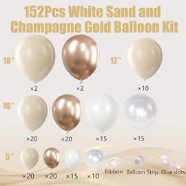 White Sand Metallic Champagne Gold Balloons Garland Arch Kit,152PCS White Neutral Balloons with Clear Balloons for Birthday Wedding Baby Shower Bridal Shower Engagement Anniversary Decoration