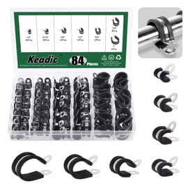 Keadic 84Pcs 304 Stainless Steel Wire Cable Clamps Assortment Kit with Box, 7 Sizes 1/4" 5/16" 3/8" 1/2" 5/8" 3/4” 1'' Rubber Cushioned Insulated Metal P Clamp Hose Fuel Line Clamps