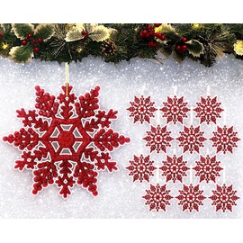 12pk Glitter Snowflake Hanging Decorations, Christmas Tree Snowflake Baubles/Ornaments (Red)