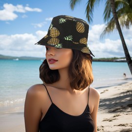 Joylife Unique Pineapple Pattern Bucket Hat Unisex Fruit Print Fisherman Cap Summer Packable Reversible Sun Hat, Black