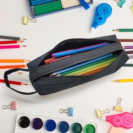 Waytex 931170 Pencil Case Large Capacity 2 Compartments School Office Storage Cosmetic 27 x 7 x 10 cm Black One Size Pencil Case with Two Compartments, black, Pencil case with two compartments