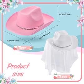 Hicarer 6pcs Pink Cowgirl Hats Bride Western Cowboy Hat for Girls or Women for Bachelorette Party, Wedding and Birthday(Rhinestones)