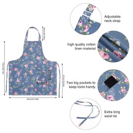 SUSSURRO 2 Pack Floral Aprons with 2 Pockets, Cotton Canvas Chef Bakers Apron Cooking Baking Adjustable Kitchen Aprons with Rose Pattern for Mom Wife