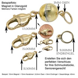 My Home Crystal - Magnetic clasp for jewellery, tensile strength, special design suitable for the elderly, Magnet: acrylic plastic Gold-plated brass carabiner Gold-plated brass eyelets