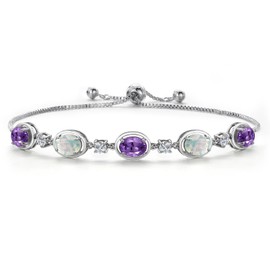 Gem Stone King 925 Sterling Silver Purple Amethyst and Simulated White Opal and Moissanite Tennis Bracelet For Women | 4.25 Cttw | Gemstone February Birthstone | Oval 7X5MM | Fully Adjustable 10 Inch
