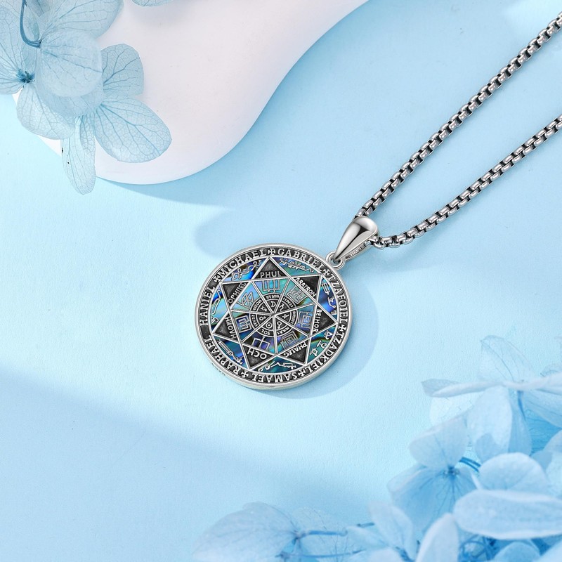 DAYLINLOVE 7 Arcangels Necklace 925 Sterling Silver Abalone Shell Pendant