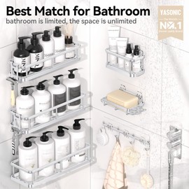 YASONIC Shower Caddy, Large Capacity Bath Organizer with Soap Holder and 12 Hooks, 6 Pack Rustproof bathroom Shelves for Inside Shower, No Drilling&Sleek Bathroom Organizers and Storage Silver