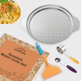 Spaetzle Maker Lid - Set with Silicone Spatula and 2 Measuring Cups, German Noodle Tool, Spaetzle Utensil Stainless Steel, Spaetzle German Noodles, Spaetzle Press Lid, Traditional, Manual Pasta Maker