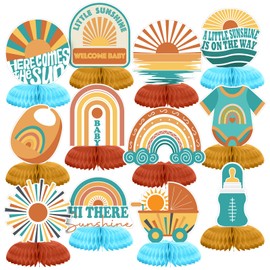 Gueevin 12 Pcs Here Comes the Son Honeycomb Centerpieces Set Here Comes the Son Baby Shower Decorations Boho Baby Shower Rainbow Sun Party Table Toppers Sunshine Table Decoration (Fresh Style)