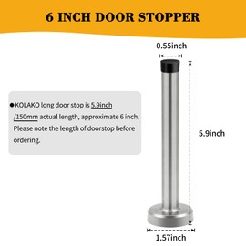 Door Stops, 6 Inch Door Stoppers Extral Long Wall Mounted Chrome Silver Doorstop with Soft Rubber Bumper, Brushed Stainless Steel Door Stopper for Skirting, 2 Pack