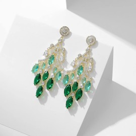 18K Gold Crystal Long Tassel Chandelier Earrings for Women, Cubic Zircon Green Crystal Drop Dangle Earrings, Vintage Style Drop Dangle Statement Earrings (Green)