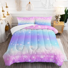 XYNHML Rainbow Star Comforter Full Size 3-Piece Gradient Glitter Polka Dot Bedding Set Purple Watercolor Girly Quilt Set for Kids Girls Teens Women with 2 Pillow Cases