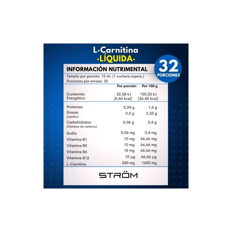 STROM L-Carnitina Líquida, Suplemento Alimenticio con Complejo B, Sabor Naranja,