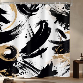 LIGHTINHOME Abstract Black White Shower Curtain 72Wx72H Inches Modern Minimalist Geometric Simple Aesthetic Gold Ink Unique Cool Fabric Waterproof Polyester Bathroom Home Decor Set with Hooks