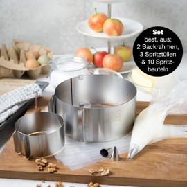 Moritz & Moritz Baking Frame Set, Round, Diameter 5-10 x 5 cm and Diameter 16-30 x 8 cm, 2 x Adjustable Stainless Steel Baking Rings with Baking Accessories, 10 Piping Bags and 3 Attachments
