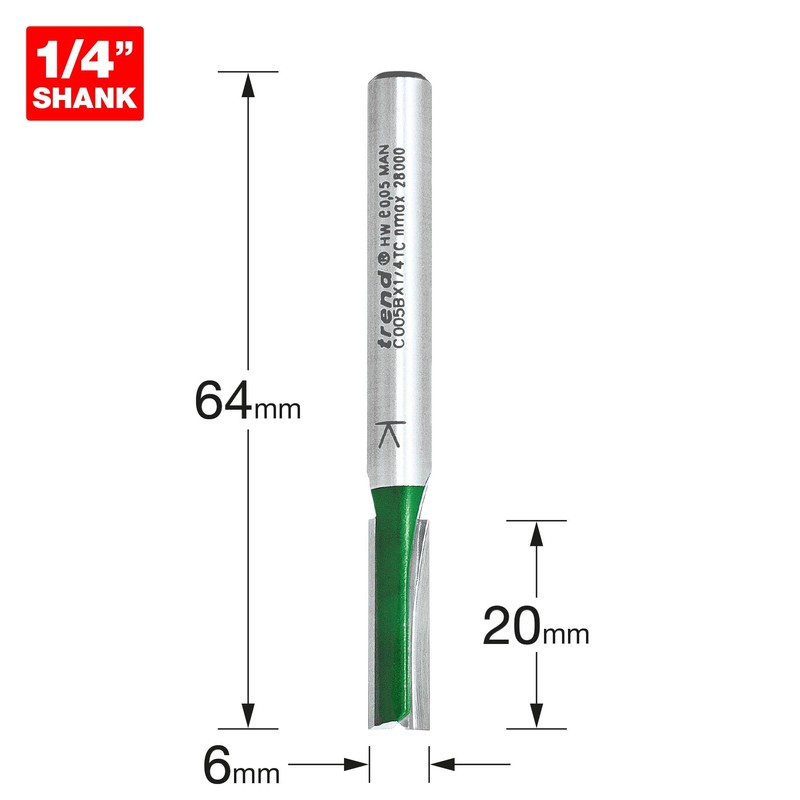 Trend CraftPro Straight Two Flute Router Cutter Bit, 1/4 Inch