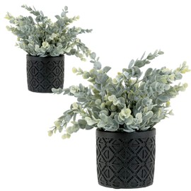 MyGift Artificial Eucalyptus Boxwood Plant in Modern Black Concrete Pot with Geometric Embossed Pattern, Faux Greenery Potted in Decorative Round Planter, Set of 2