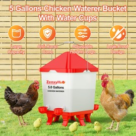 ZenxyHoC 5.0 Gallons Chicken Waterer Bucket with 4 Double-Layer Waterer Cups, Adjustable Heights and Anti Roost Cone