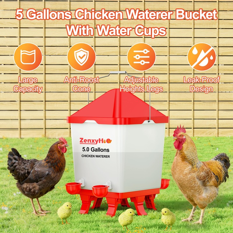 ZenxyHoC 5.0 Gallons Chicken Waterer Bucket with 4 Double-Layer Waterer