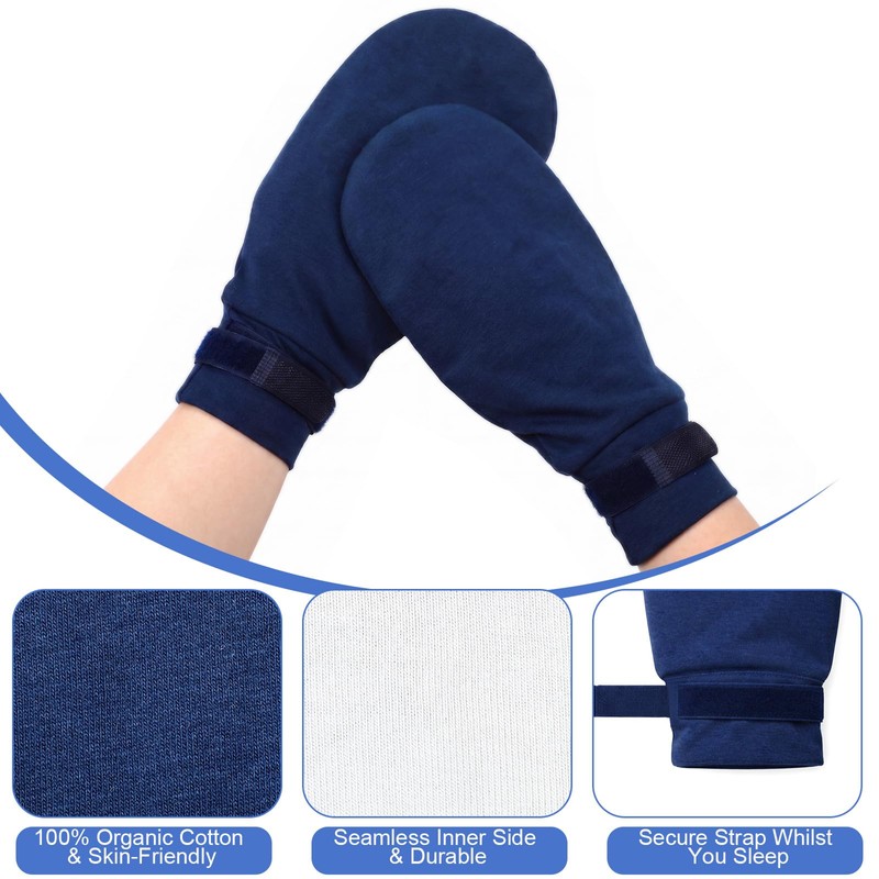 2 Pairs Cotton Eczema Gloves Sleeping,L,Deep Blue,Closed-top