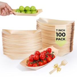 Suwodpak 100-Pack Upgraded Thick Wooden Disposable Plates 7IN Thickened Boat Plates Food Trays with 0.8lb/360g Load Capacity Sturdy Food Boats for Party (Actual Size Used: 3.94"L x 2.28"W x 0.79"H)