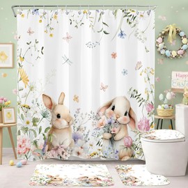 MYUSRE 4 Pcs Spring Easter Shower Curtain Set with Non-Slip Bathroom Rugs, Cute Bunny and Pink Floral Butterfly on White Shower Curtain with Bath Mat and Toilet Lid Cover Bathroom Decor, 72x72 Inches