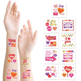 Cheerland 108 pcs Valentine's Day Temporary Tattoos, 12 Sheets Red Metallic Golden Hot Pink Sticker Adult Love Themed Hearts Shaped Arrow Love Letter Bridal Shower Engagement Party Decorations