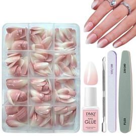 DMQ Ombre Press on Nails Stiletto, 240Pcs French Pink Gradient False Nails, Oval Fake Nails Pink Tips Short, 12 Sizes Glossy Full Cover Stick on Nails for Women Girls Nails Art