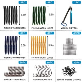 Aosethefrt 133pcs Bait Senko Worms Soft Plastic Lures, Hook Wacky Rig Bass Crawfish, Fishing Lure Kit, Well-Made Easy Catching Baits for Family Fishing