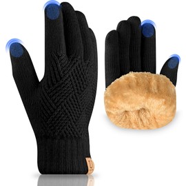 UKNOWISA Winter Gloves Women's Fleece Lining Touchscreen Thermal Gloves Knitted Gloves Wool Gloves for Men and Women, black