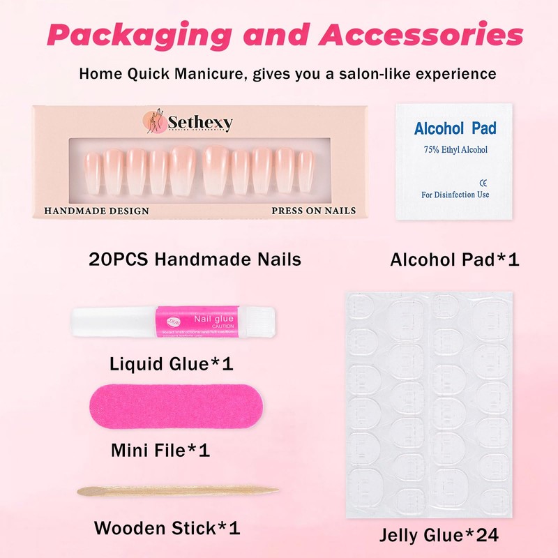 Sethexy Handmade Pink Gradient False Nails Acrylic Shiny Simple False
