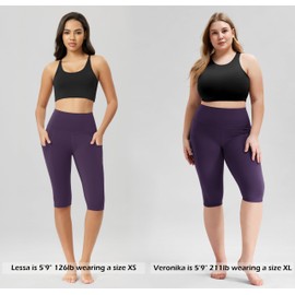 ODODOS Women's Knee Length High Waisted Yoga Capri Leggings with Pockets, Workout Running Sports Athletic Yoga Capris, Deep Purple, Medium