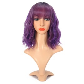 Greenmirr Short Ombre Purple Bob Wavy Wigs with Fringe Brown Root Heat Resistant Synthetic Hair 12 Inches (Ombre Purple)