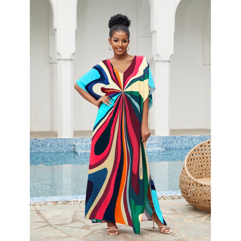 IMAGEKOPE Moroccan Print V-Neck Batwing Kaftan Women's Plus Size Loose