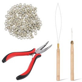 Hair Extension Tool Kit Hair Extension Pliers Bead Threader Pulling Hook Pliers 200 Pcs Silicone Rings Bead for Feather Hair-Extensions