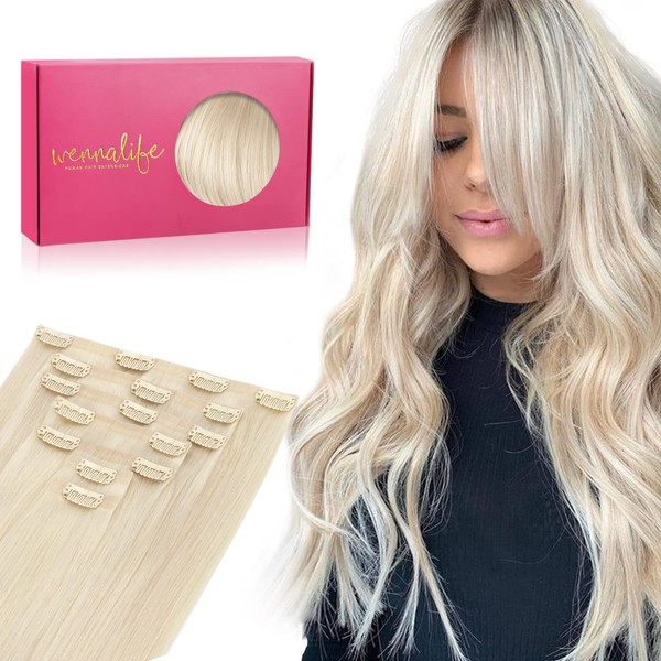 WENNALIFE Seamless Clip-In Real Hair Extensions, 40 cm, 7 Pieces, 130 g, Platinum Blonde, Remy Natural Seamless PU Clip-In Extensions, Real Hair