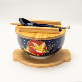 Hinomaru Collection Japanese Kamameshi Style Rice Noodle Bowl with Bamboo Lid Trivet Chopsticks and Porcelain Spoon Bowl Set (Moon Crane)