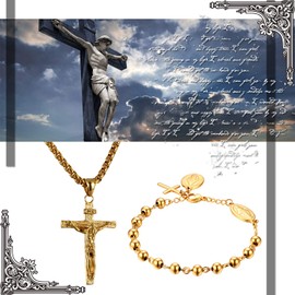 Cupimatch 2pcs Unisex Christ Jesus Crucifix Cross Rosary Beads Pendant Necklace Bracelet Set, Adjustable Gold Vintage Stainless Steel Player Charm Link Chain Bracelet