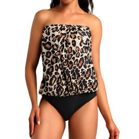 Chenghe Strapless Tankini Tops for Women Two Piece Bandeau Tankini Swimsuits Tummy Control Swimwear Bandeau Bathing Suit Blouson Swimsuit Top Loose Fit with Bikini Bottoms Leopard Black XL