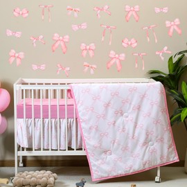 SmoothNovelty 5 Pcs Pink Bow Theme Crib Bedding Set Include Bow Knot Print Crib Sheets Bed Skirt Comforter Pad Cover Wall Stickers for Girls Princess Nursery Room Decoration